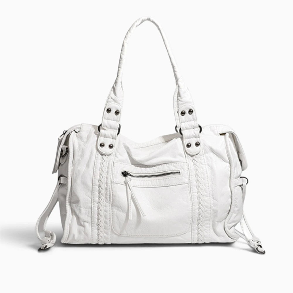 Grand sac à main de cours blanc en cuir vintage avec bandoulière, fabriqué par Élégance Cuir.