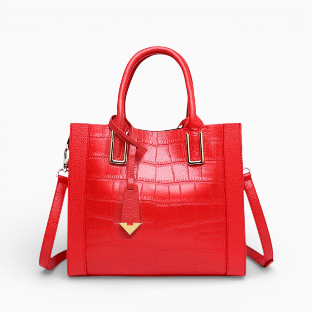 Grand sac cabas en cuir rouge pour femme modèle Nantes de la marque Élégance Cuir, vue de face.