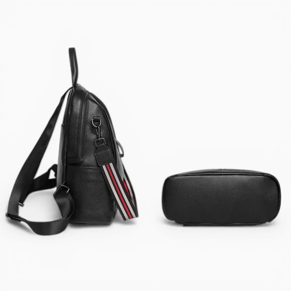 Sac à dos en cuir noir pour femme Élégance Cuir, avec double zip et fermeture verticale, modèle Sélène, noir vue de profil et du bas
