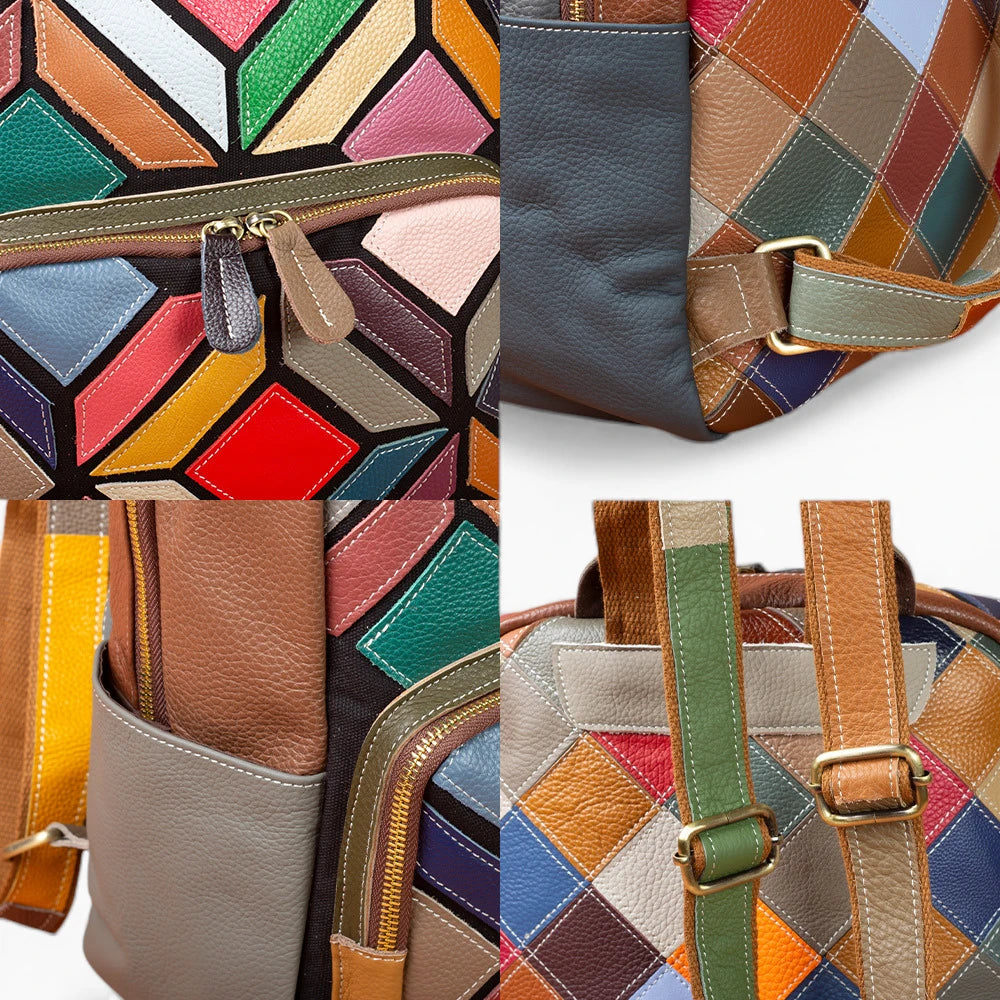 Sac à dos vintage multicolore en cuir pour femme avec poche avant zippée de la marque Élégance Cuir, vue détails