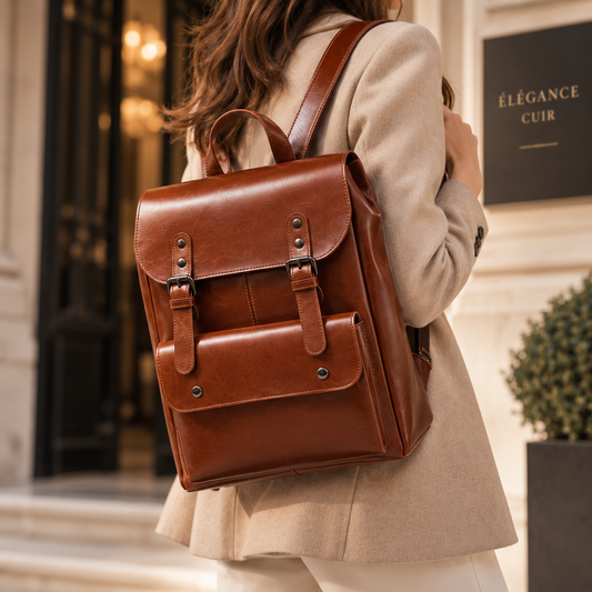 Sac à dos La Conférence marron porté de dos avec un manteau beige