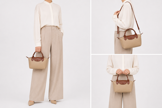 Sac bandoulière en cuir compact Anaïs d'Élégance Cuir porté par un mannequin, avec poches extérieures et finition élégante.