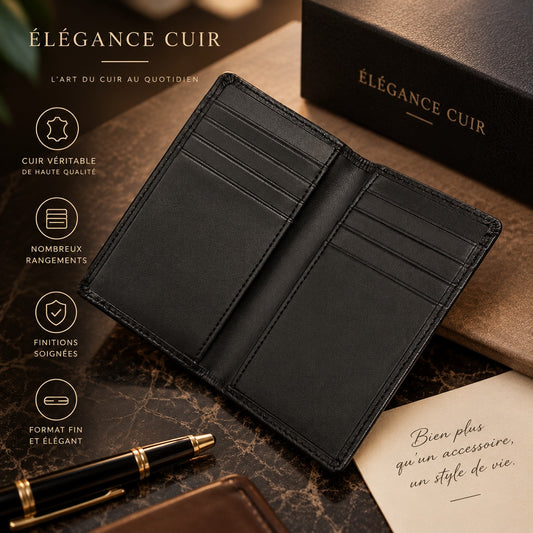 Rangements intérieurs et format allongé du portefeuille Adrien