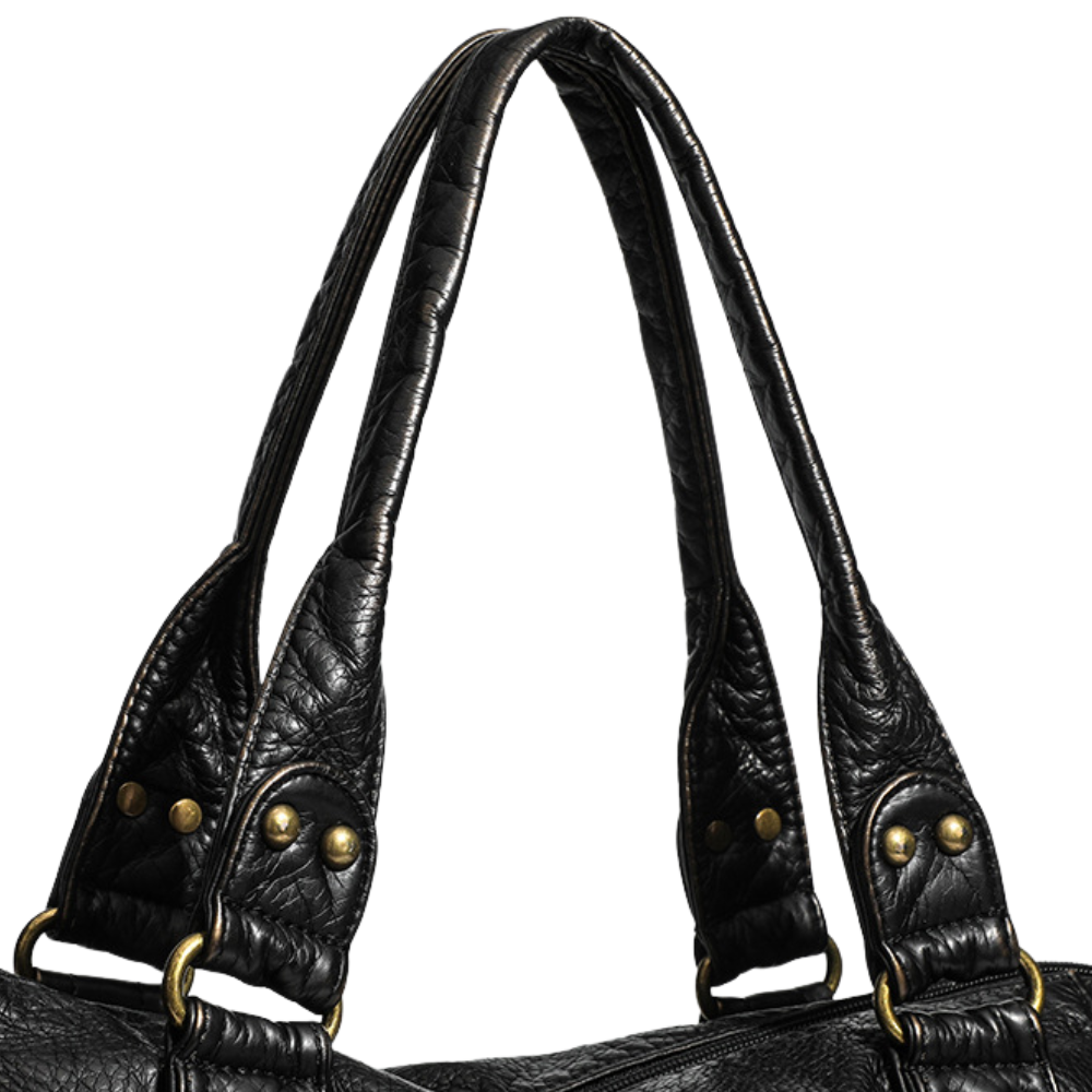 Grand sac à main vintage Élégance Cuir à bandoulière, en cuir marron avec poignées et détails classiques.