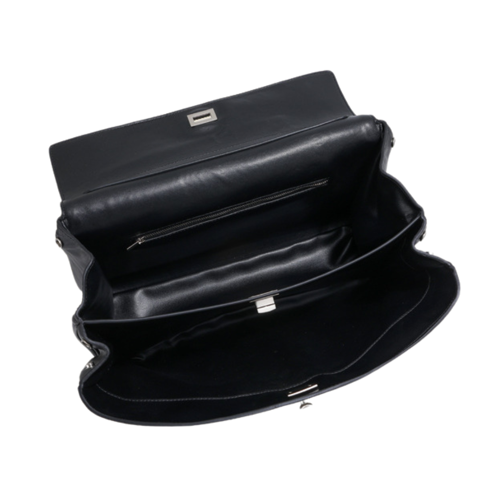Sac à main cabas pour femme en cuir noir, modèle Emma de la marque Élégance Cuir, avec poignées et design élégant.