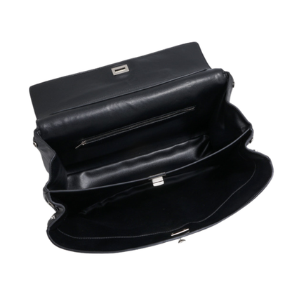 Sac à main cabas pour femme en cuir noir, modèle Emma de la marque Élégance Cuir, avec poignées et design élégant.
