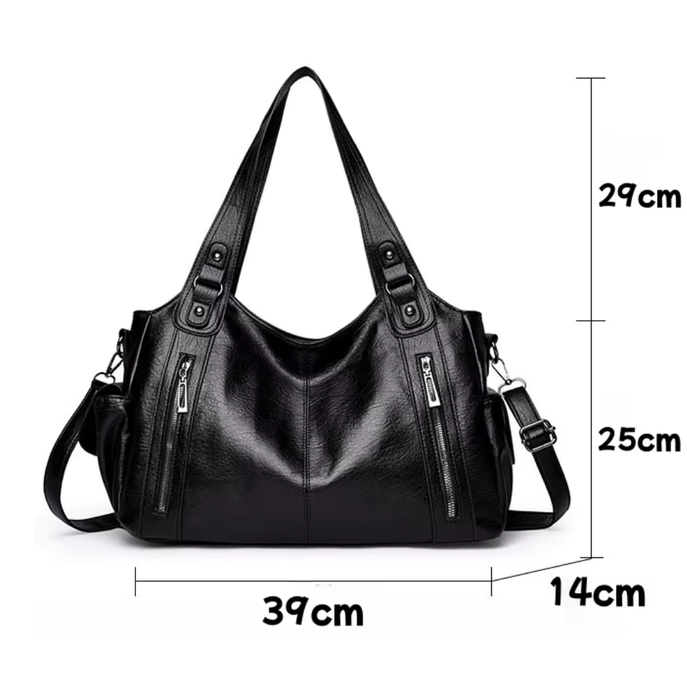 Grand sac à main souple Élégance Cuir Lucie en cuir noir avec poignées robustes et design élégant.