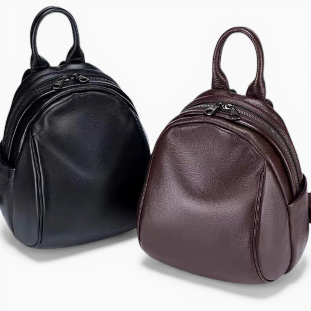 Sac à dos compact en cuir pour femme de la marque Élégance Cuir, doté d'une double fermeture éclair, 2 coloris