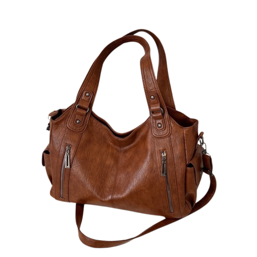 Grand sac à main souple Élégance Cuir Lucie en cuir avec poches extérieures et poignée en cuir naturel.