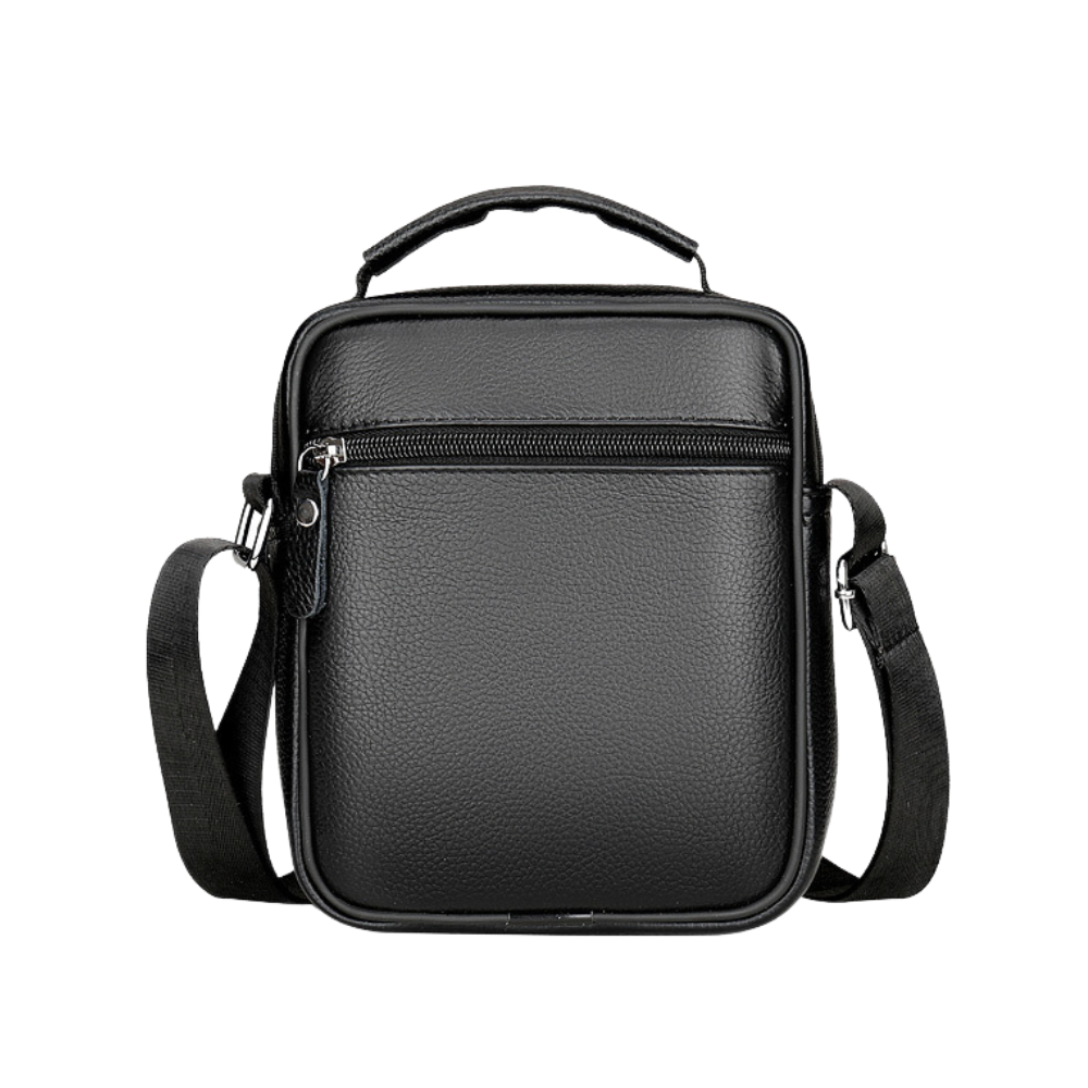 Sacoche homme en cuir Élégance Cuir avec bandoulière, vue de face avec accroche élégante visible.