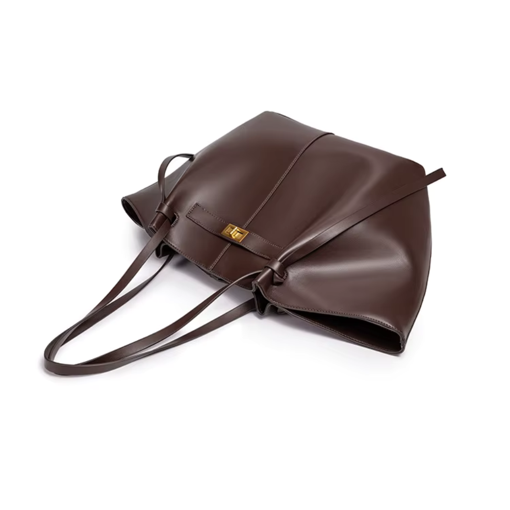 Grand sac à main de cours cabas Élégance Cuir, en cuir noir avec poignée enroulée et design élégant pour femmes.
