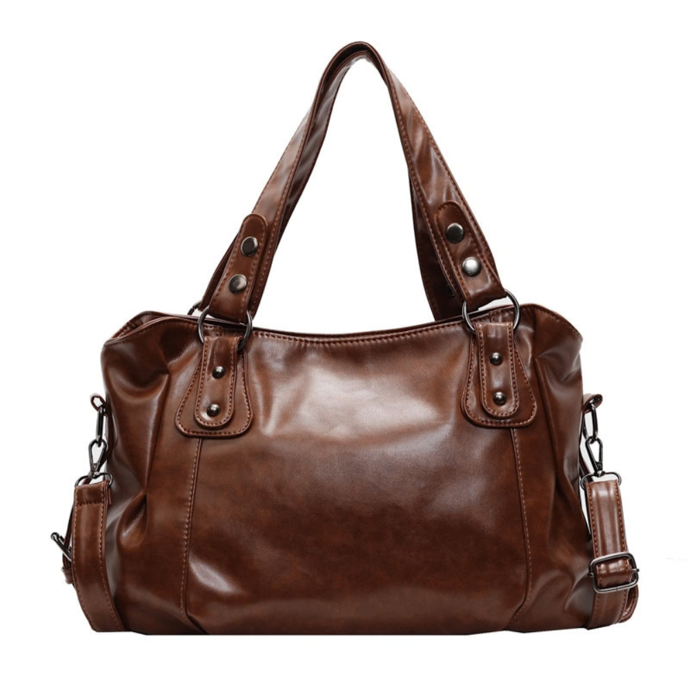 Grand sac à main de cours rétro et souple Élégance Cuir, en cuir marron avec poignées en cuir et fermeture en métal.