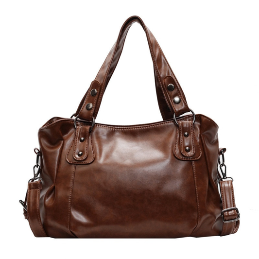 Grand sac à main de cours rétro et souple Élégance Cuir, en cuir marron avec poignées en cuir et fermeture en métal.
