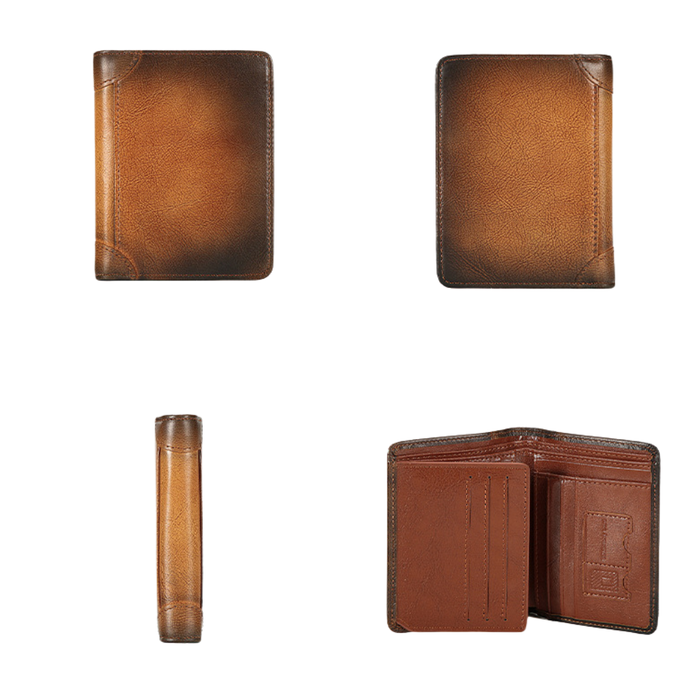 Portefeuille homme en cuir véritable de la marque Élégance Cuir, montrant plusieurs compartiments et une finition élégante.