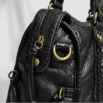 Grand sac à main vintage à bandoulière Élégance Cuir, grand modèle pour courses, en cuir marron avec détails classiques.