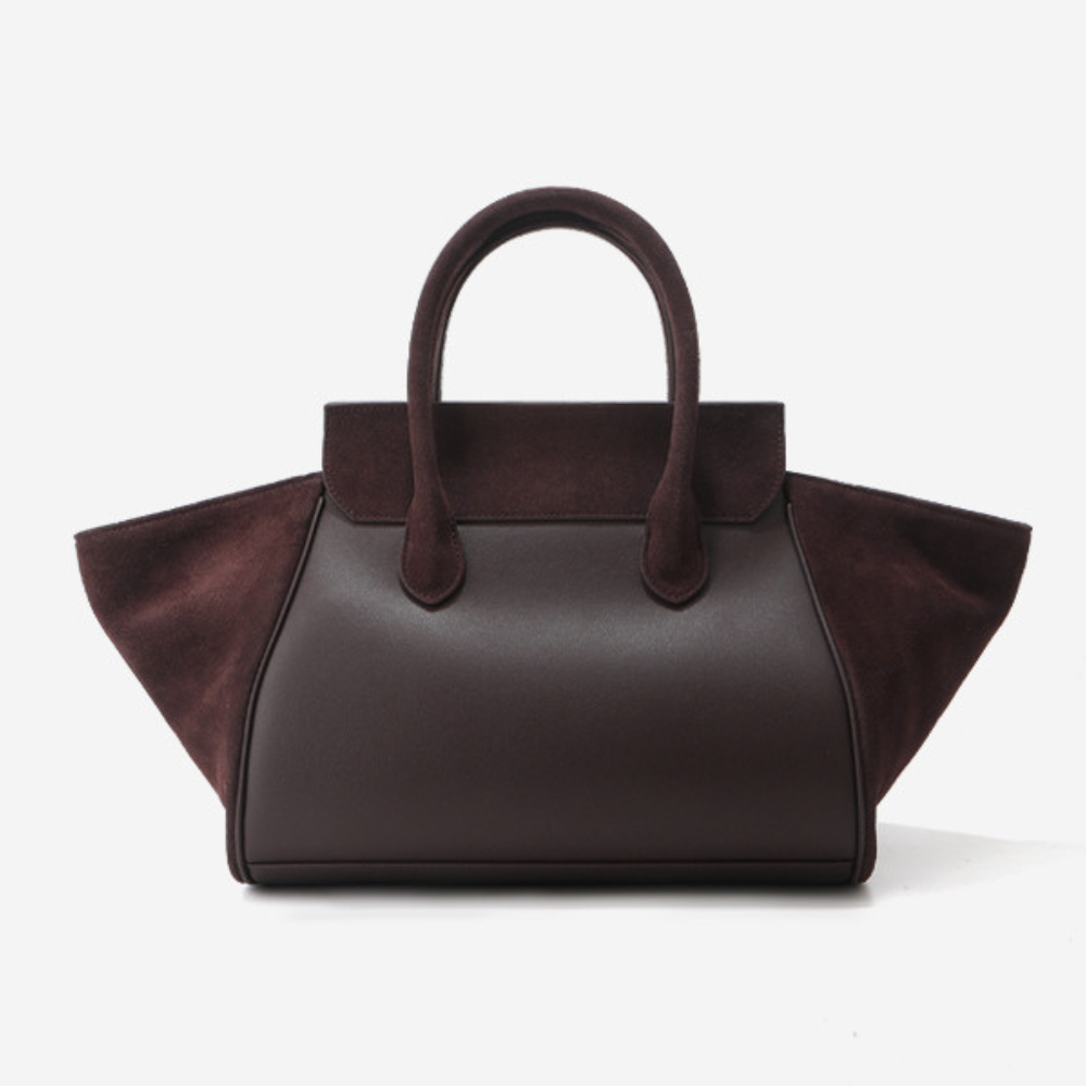Grand sac cabas en daim pour femme de la marque Élégance Cuir, avec poignées et intérieur spacieux visible.