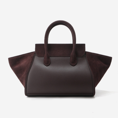 Grand sac cabas en daim pour femme de la marque Élégance Cuir, avec poignées et intérieur spacieux visible.