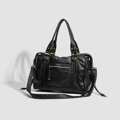 Grand sac à main de cours vintage Élégance Cuir à bandoulière, en cuir marron avec détails classiques et poignée confortable.
