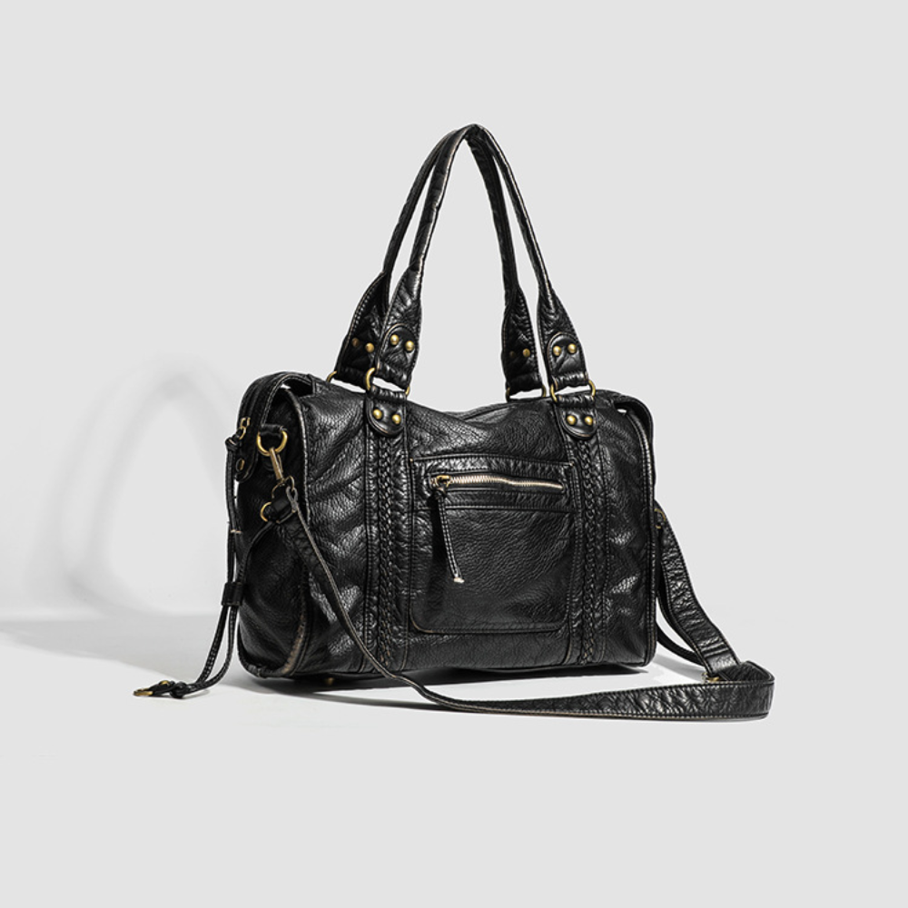 Grand sac à main de cours vintage à bandoulière en cuir par Élégance Cuir, avec poignées et fermeture élégante.