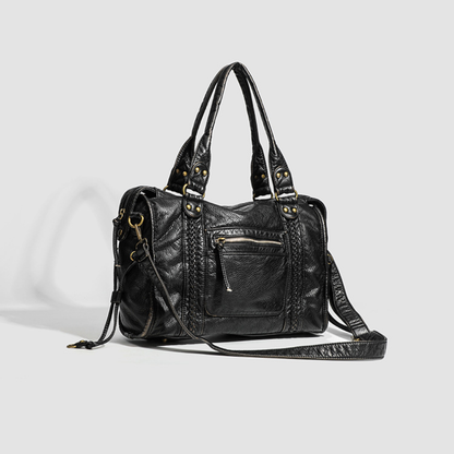 Grand sac à main de cours vintage à bandoulière en cuir par Élégance Cuir, avec poignées et fermeture élégante.