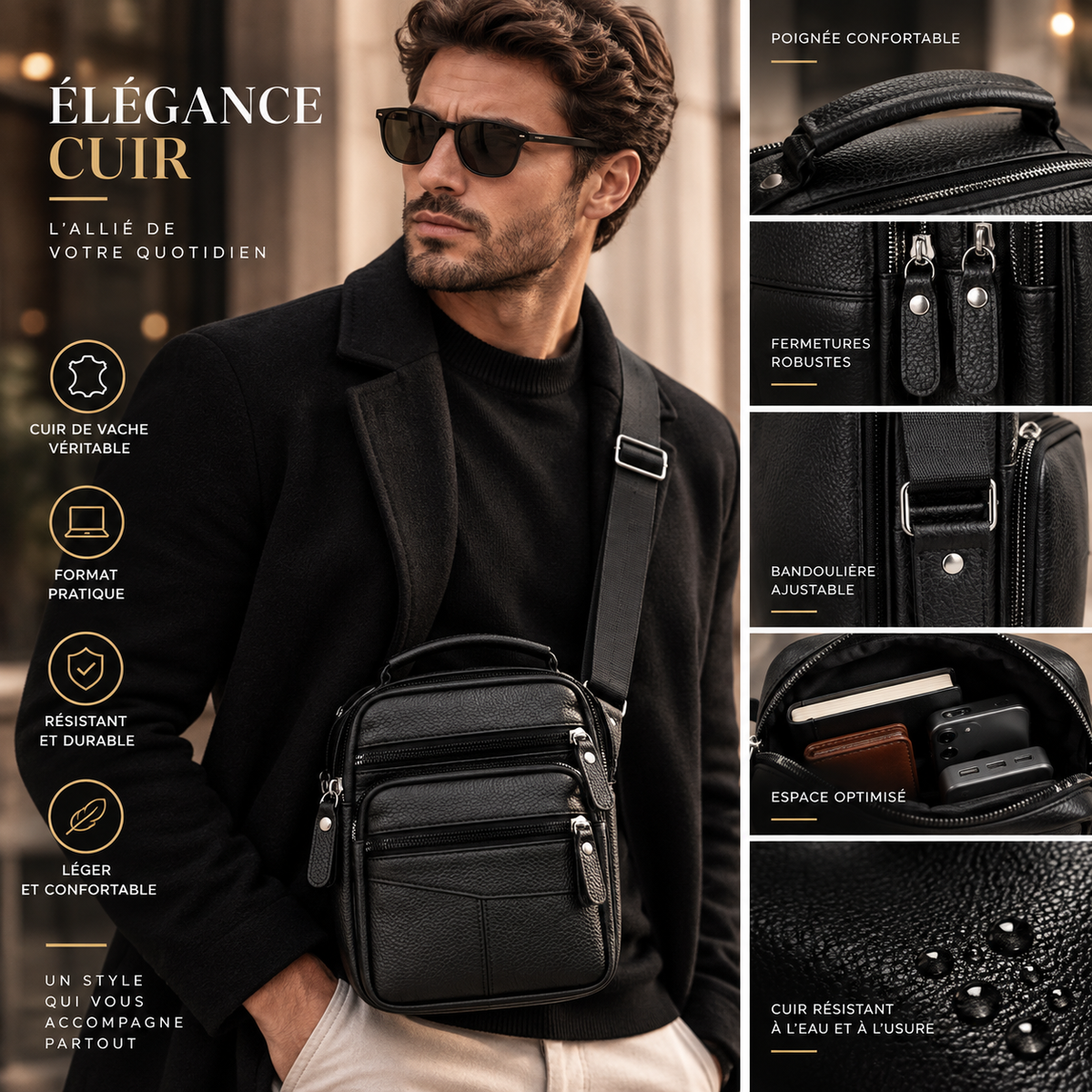 Accroche pour sacoche homme en cuir avec bandoulière, fabriquée par Élégance Cuir, visible en noir avec boucle en métal.