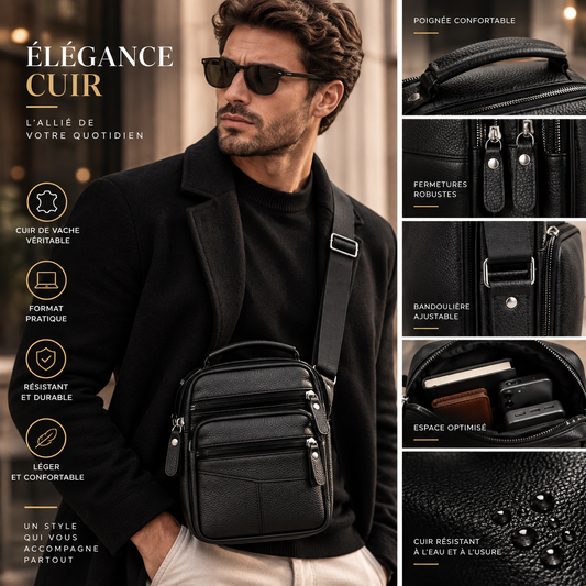 Accroche pour sacoche homme en cuir avec bandoulière, fabriquée par Élégance Cuir, visible en noir avec boucle en métal.