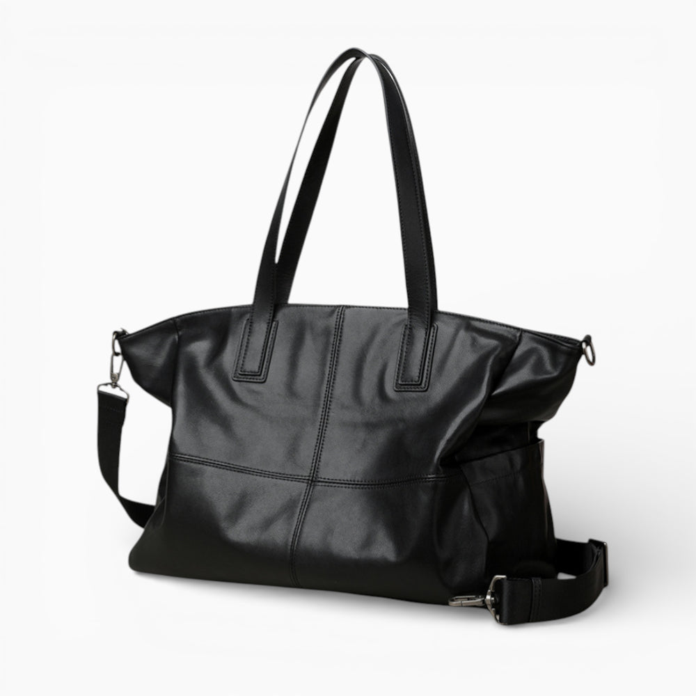 Grand format sac à main en cuir pour femme de la marque Élégance Cuir, modèle La Prestance, noir vue coté
