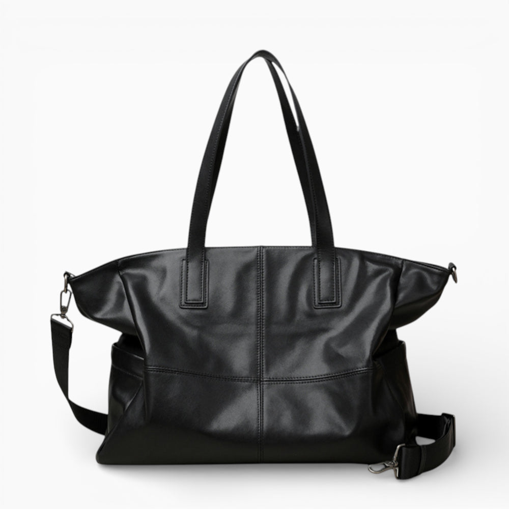 Grand format sac à main en cuir pour femme modèle La Prestance de la marque Élégance Cuir, noir vue de face