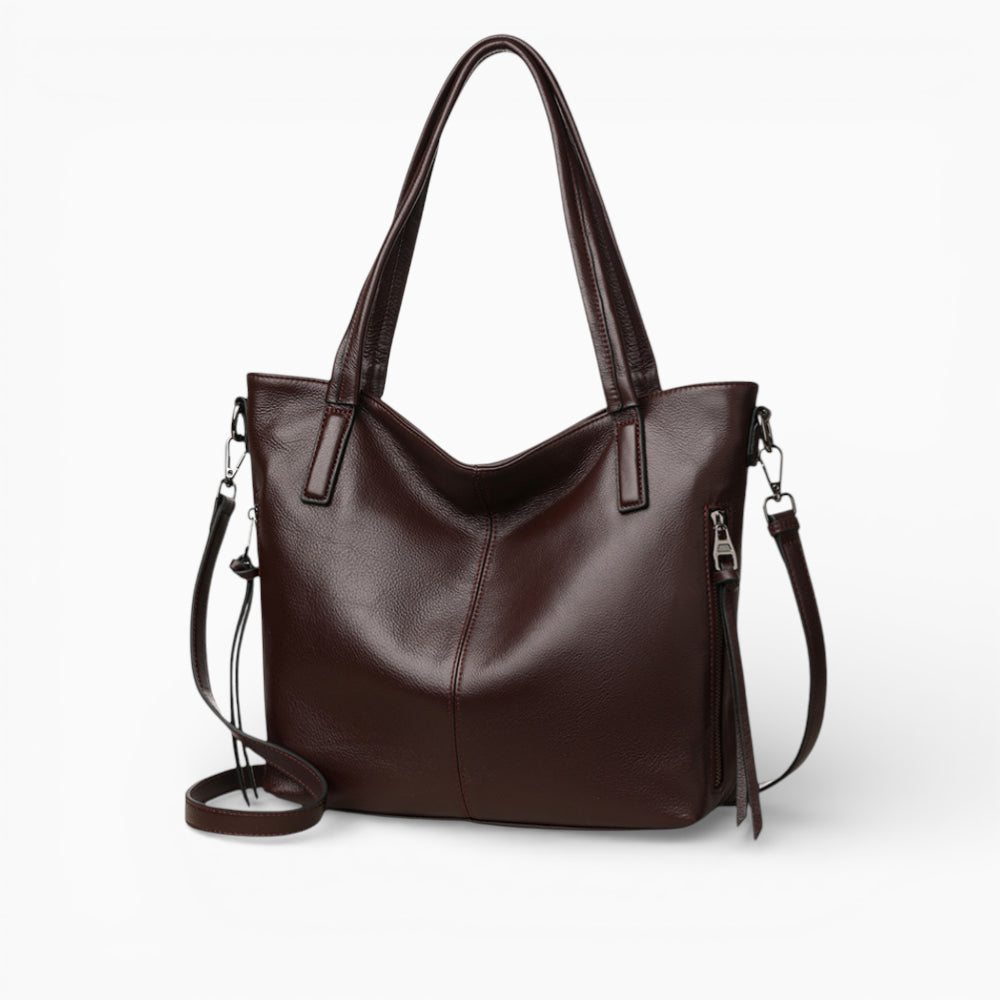 Grand format vertical cuir sac à main pour femme modèle La Sorbonne de la marque Élégance Cuir, vue de coté marron foncé
