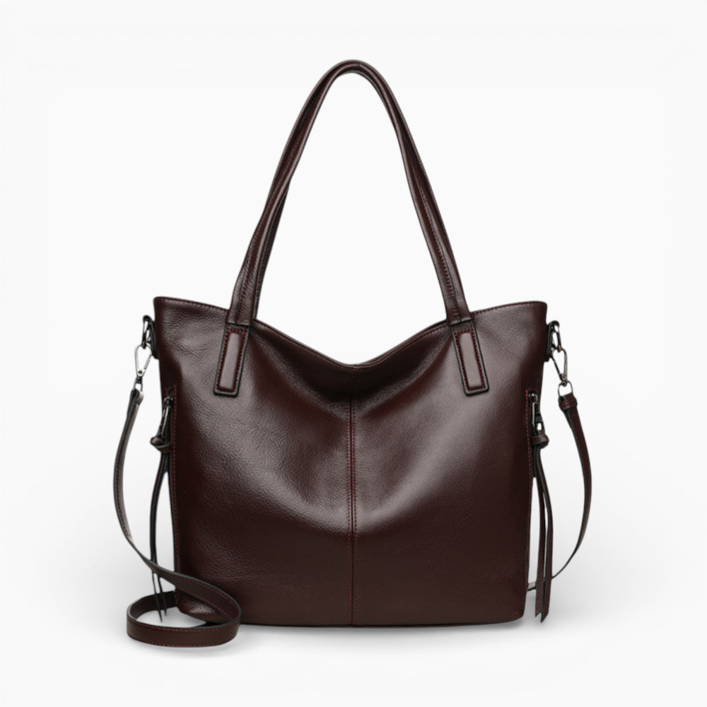 Grand format vertical sac à main en cuir pour femme modèle La Sorbonne de la marque Élégance Cuir, vue de face marron foncé