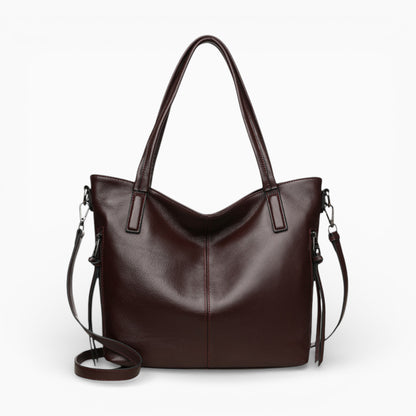 Grand format vertical sac à main en cuir pour femme modèle La Sorbonne de la marque Élégance Cuir, vue de face marron foncé