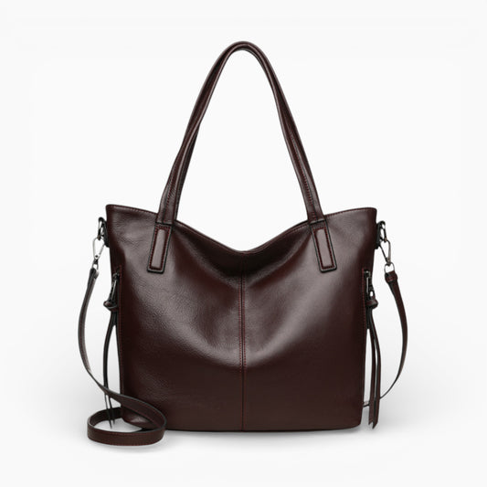 Grand format vertical sac à main en cuir pour femme modèle La Sorbonne de la marque Élégance Cuir, vue de face marron foncé