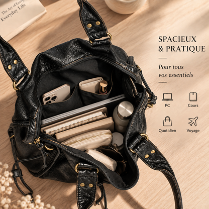 Grand sac à main de cours vintage à bandoulière en cuir, intérieur spacieux et élégant, de la marque Élégance Cuir.