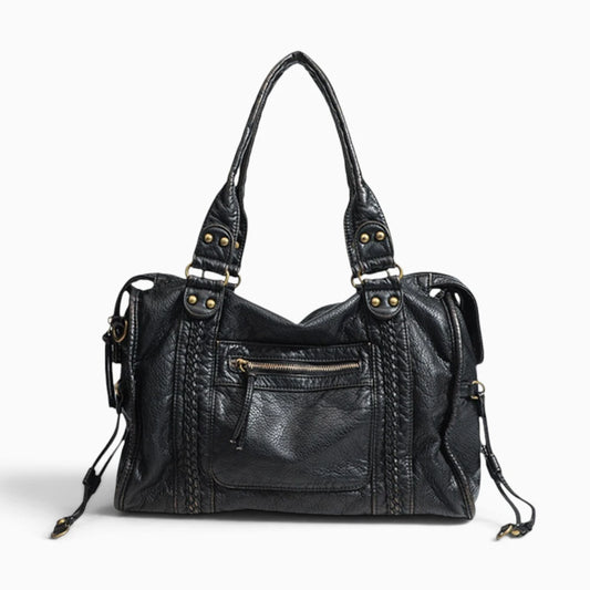 Grand sac à main vintage à bandoulière Élégance Cuir, vue frontale, en cuir marron avec détails élégants.