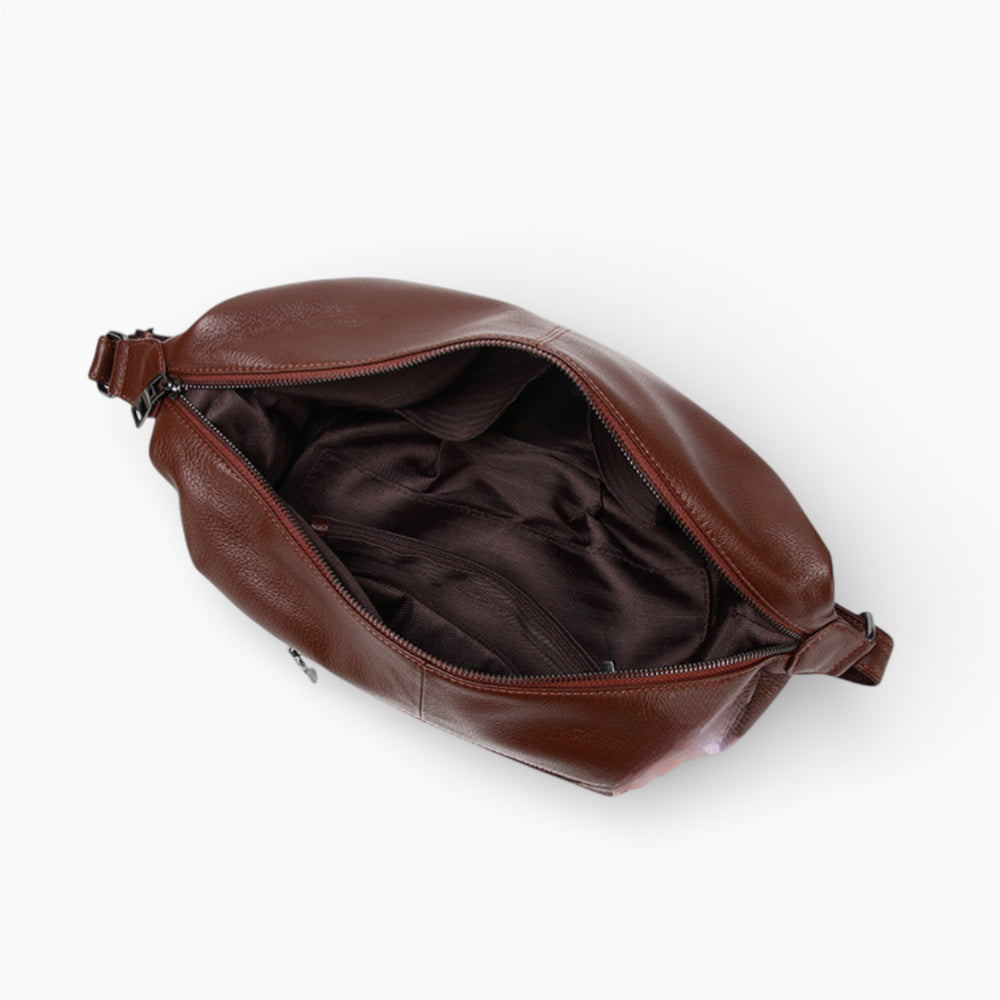 Grand sac banane en cuir marron pour femme, modèle Rubis de la marque Élégance Cuir, intérieur