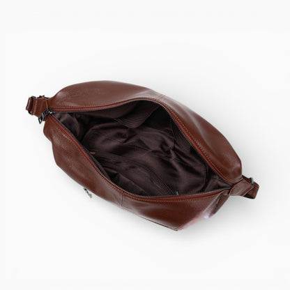 Grand sac banane en cuir marron pour femme, modèle Rubis de la marque Élégance Cuir, intérieur