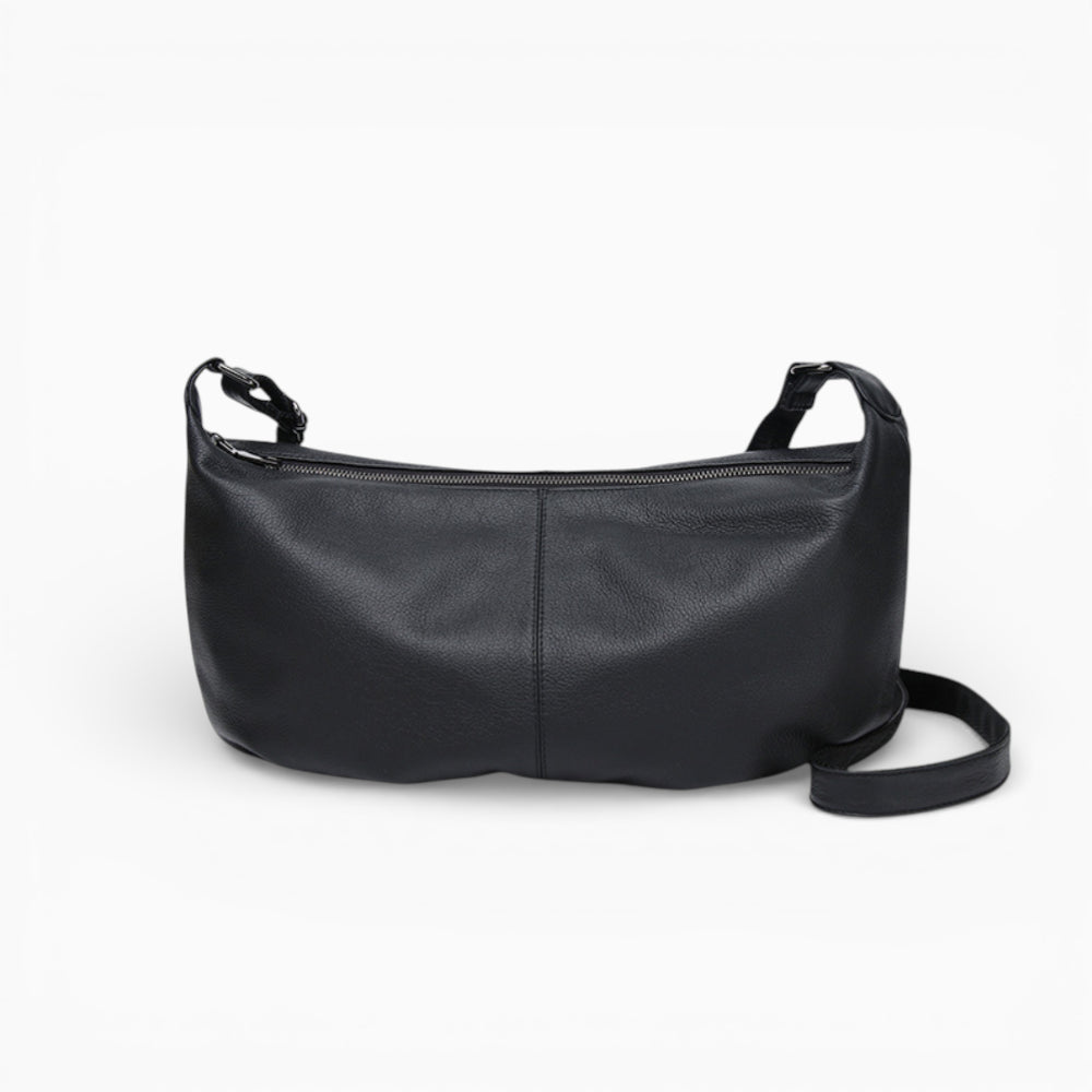 Grand sac banane en cuir noir pour femme, modèle Rubis de la marque Élégance Cuir, noir vue de face