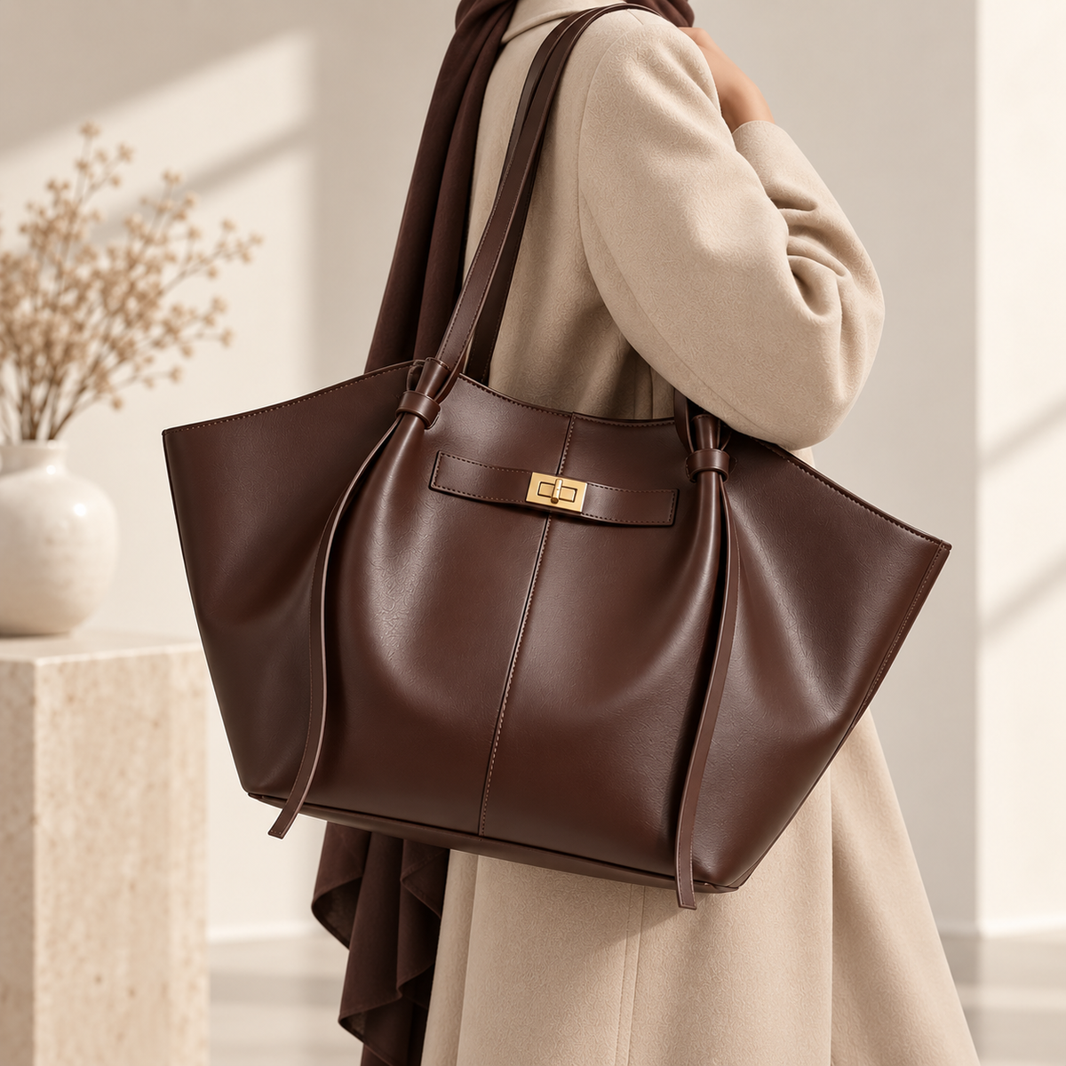 Grand sac à main cabas brun Élégance Cuir, spacieux avec poignées épaisses et design élégant pour un style pratique.