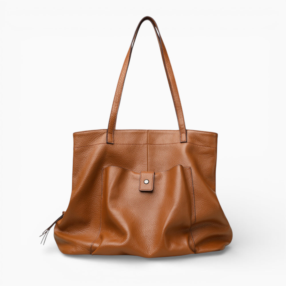 Grand sac cabas en cuir pour femme, modèle La Bibliothèque par Élégance Cuir, vue de face caramel