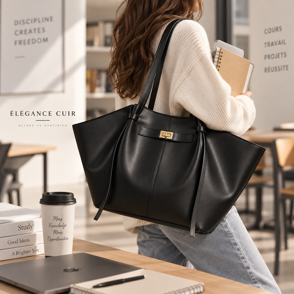 Grand sac à main cabas noir Élégance Cuir Lisa, grand sac de cours en cuir avec poignées robustes et design élégant.