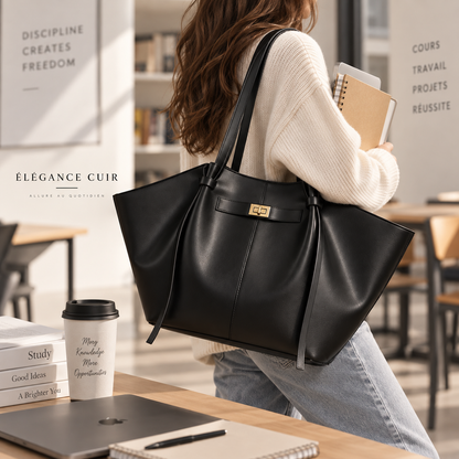 Grand sac à main cabas noir Élégance Cuir Lisa, grand sac de cours en cuir avec poignées robustes et design élégant.