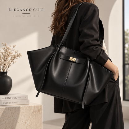 Grand sac cabas noir Élégance Cuir, sac à main de cours spacieux avec poignées solides et design élégant, vue de face.