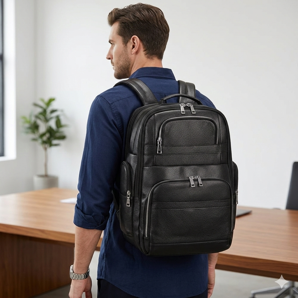 Grand sac à dos en cuir pour homme Le Baron d'Élégance Cuir, présenté sur un mannequin