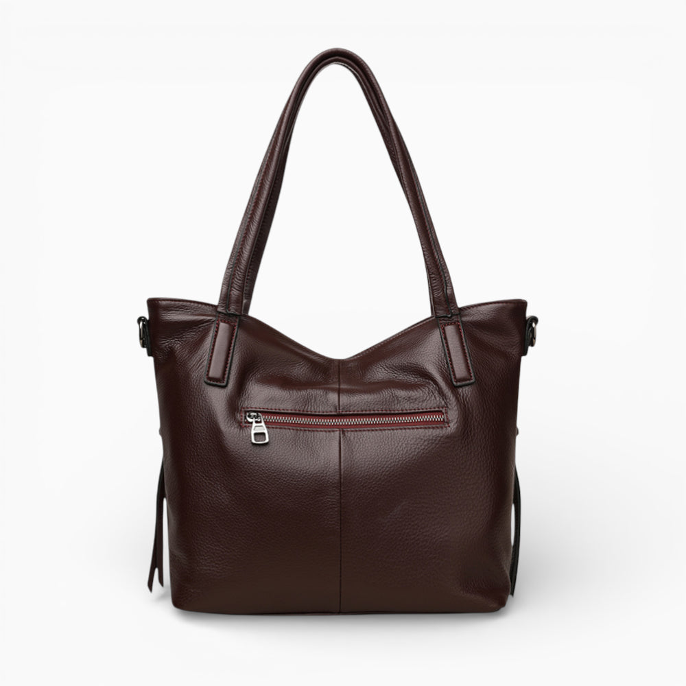 Grand sac à main en cuir pour femme, modèle La Sorbonne d'Élégance Cuir, vue de dos marron foncé
