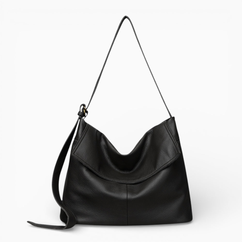 Grand sac à main en cuir souple pour femme, modèle La Distinction de la marque Élégance Cuir, vue de face noir