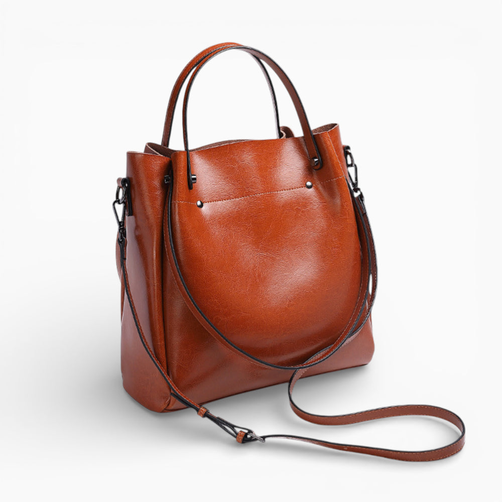 Grand sac à main structuré en cuir caramel pour femme, modèle La Magistrale d'Élégance Cuir avec bandoulière.