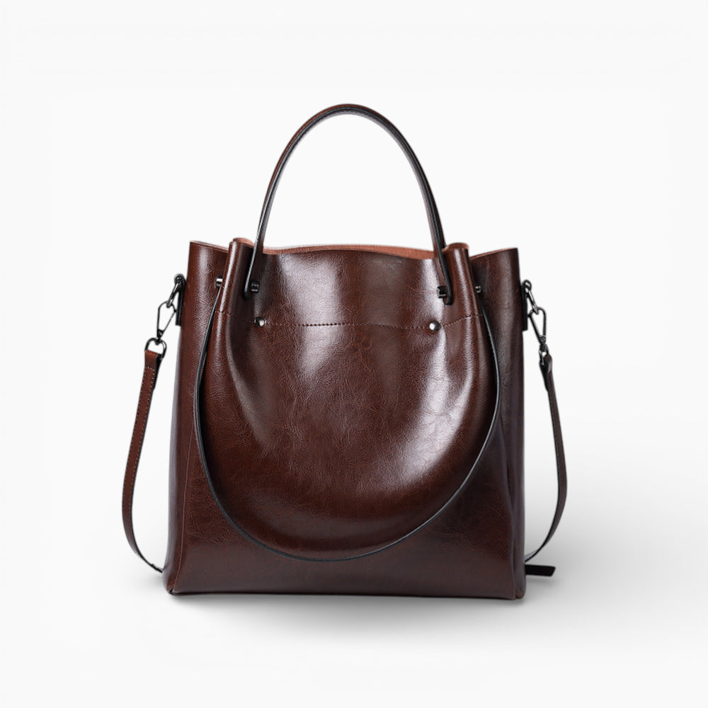 Grand sac à main structuré en cuir marron pour femme, modèle La Magistrale de la marque Élégance Cuir.