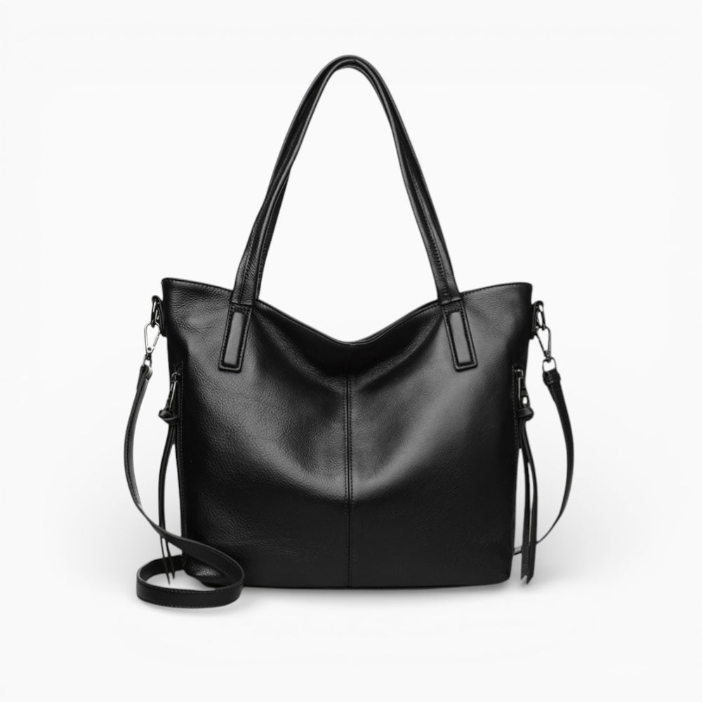Grand sac à main vertical en cuir pour femme, modèle La Sorbonne par Élégance Cuir, vue de face noir