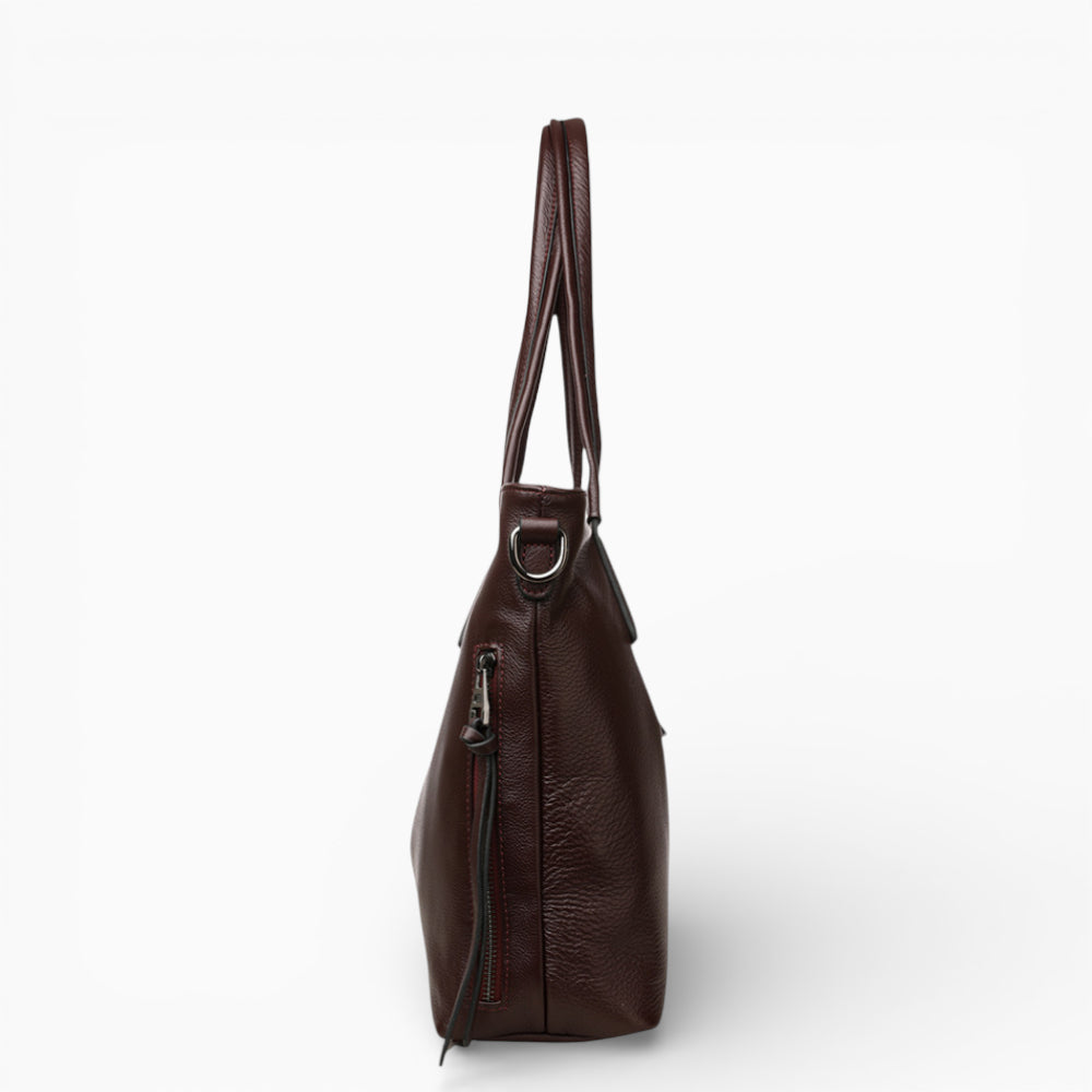 Grand sac à main vertical en cuir pour femme, modèle La Sorbonne par Élégance Cuir, vue de profil 