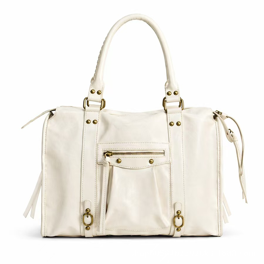 Grand sac de cours étudiant Élégance Cuir, en cuir blanc cassé, avec poignées et compartiments spacieux pour étudiants.